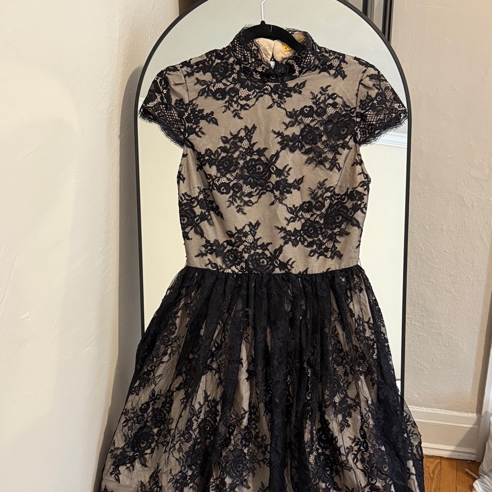 Alice + Olivia Black Lace High Neck Open Back Dress